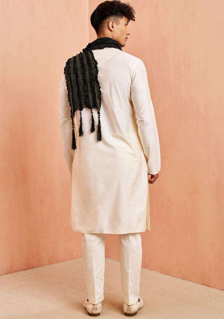 Cream Solid Viscose Kurta Set For Men - Indya
