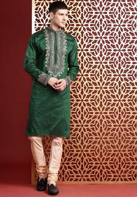 Green Embroidered Cotton Kurta Set For Men