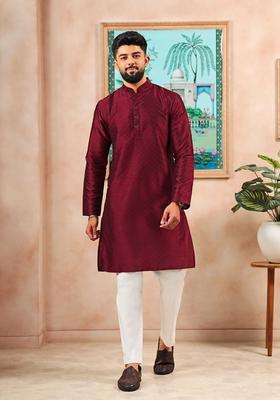 Maroon Woven Design Silk Kurta Set For Men