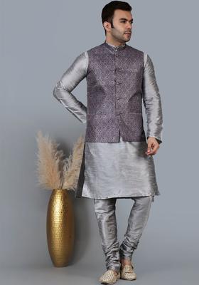 Silver Solid Silk Kurta Set For Men