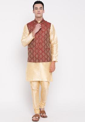 Cream Solid Silk Blend Kurta Set For Men