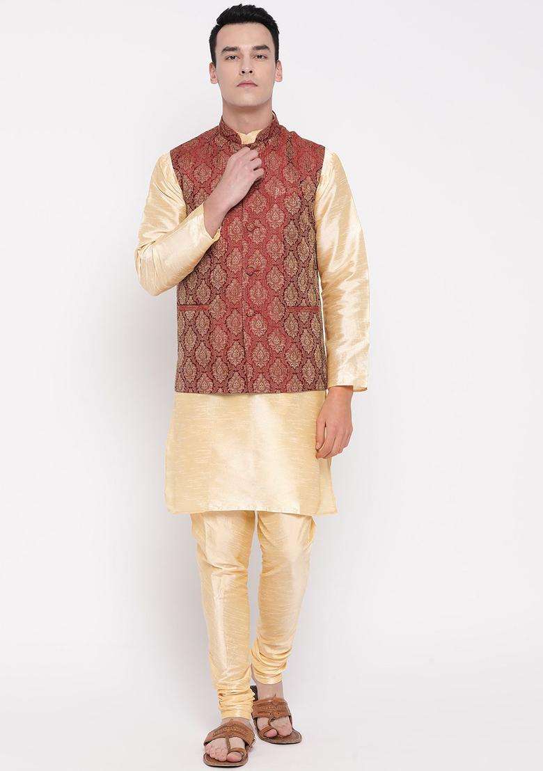 Cream Solid Silk Blend Kurta Set For Men - Indya