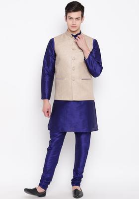 Navy Blue Solid Silk Kurta Set For Men