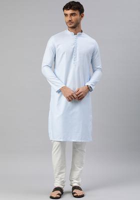 Turquoise Blue Solid Viscose Kurta Set For Men