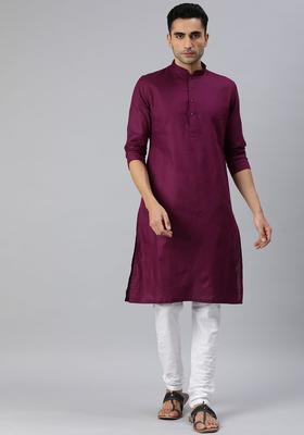 Burgundy Self Design Cotton Kurta Set For Men