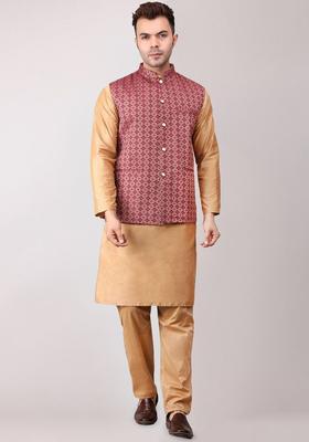 Maroon Woven Design Cotton Kurta Set For Men