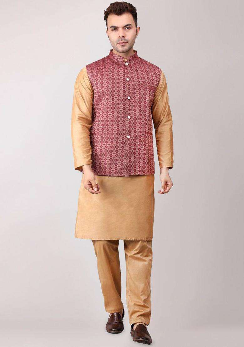 Maroon Woven Design Cotton Kurta Set For Men - Indya