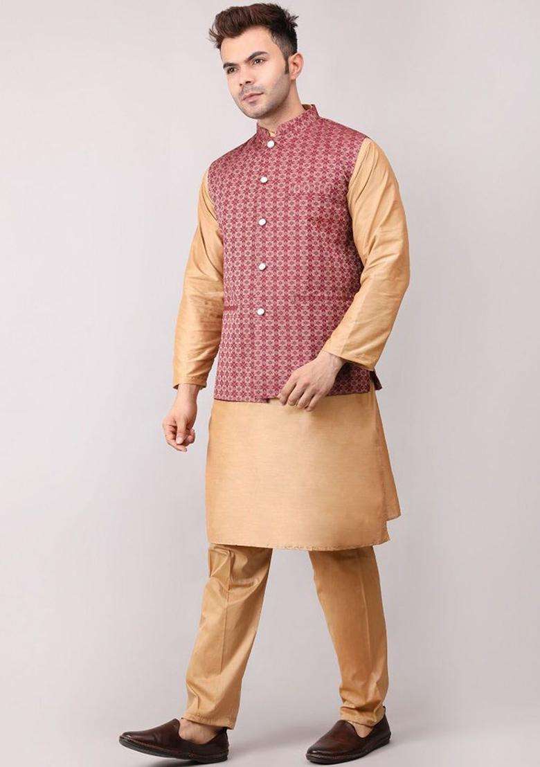 Maroon Woven Design Cotton Kurta Set For Men - Indya