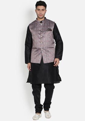 Black Solid Silk Kurta Set For Men
