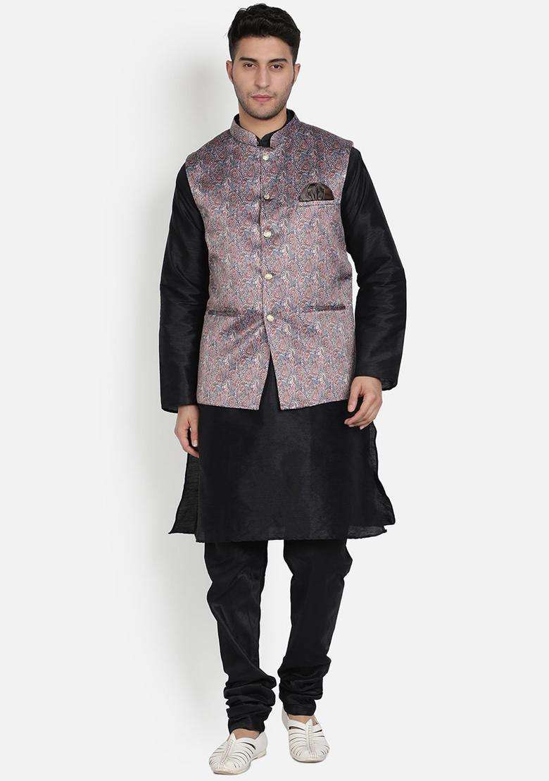 Black Solid Silk Blend Kurta Set For Men - Indya