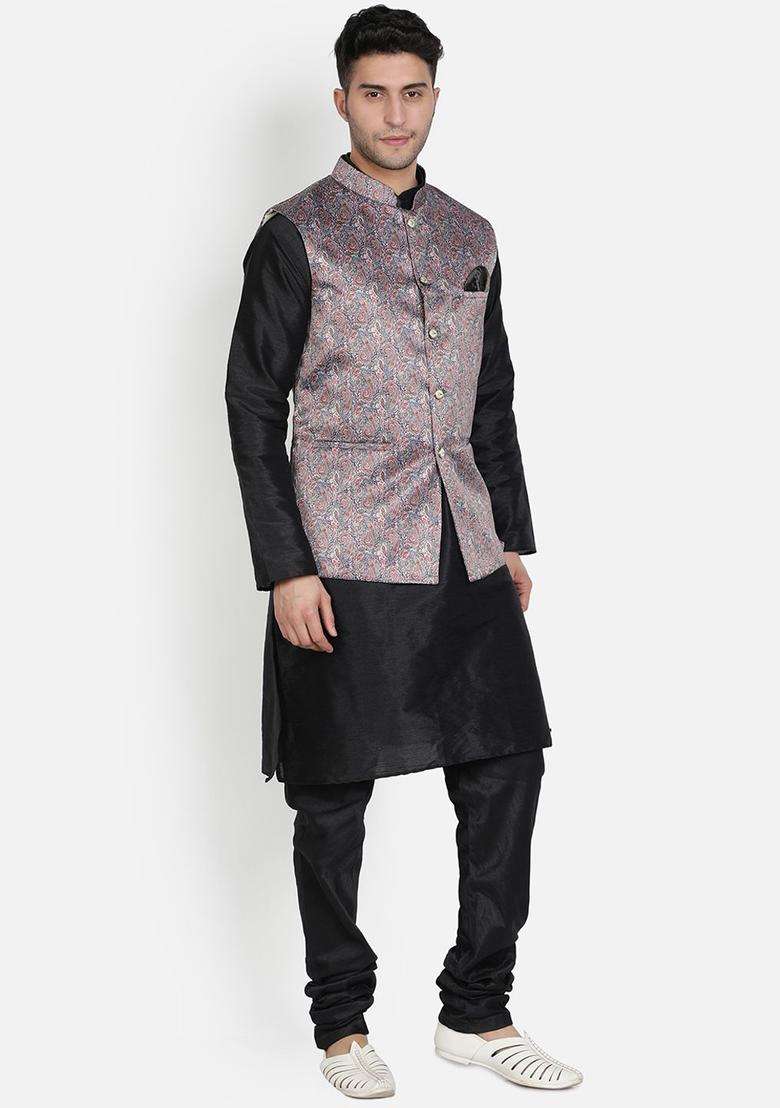 Black Solid Silk Blend Kurta Set For Men - Indya