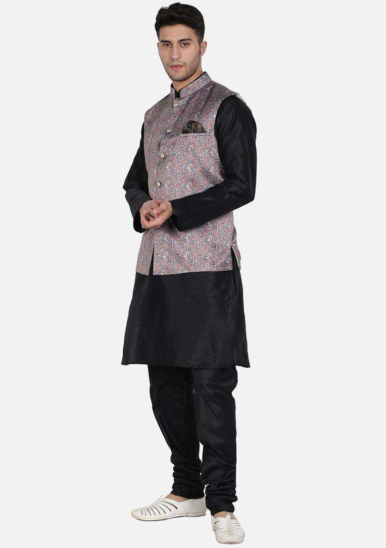 Black Solid Silk Blend Kurta Set For Men - Indya