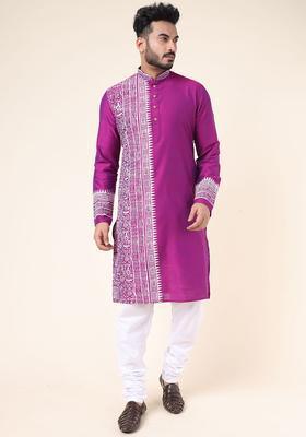 Purple Printed Cotton Kurta Set For Men