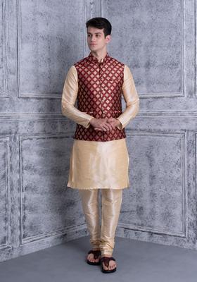 Maroon Self Design Silk Kurta Set For Men