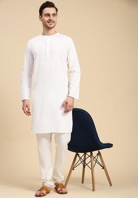 White Solid Cotton Kurta Set For Men