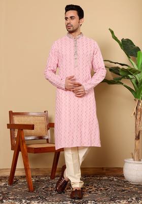 Pink Embroidered Cotton Kurta Set For Men