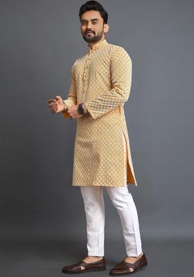 Yellow Printed Cotton Kurta Set For Men