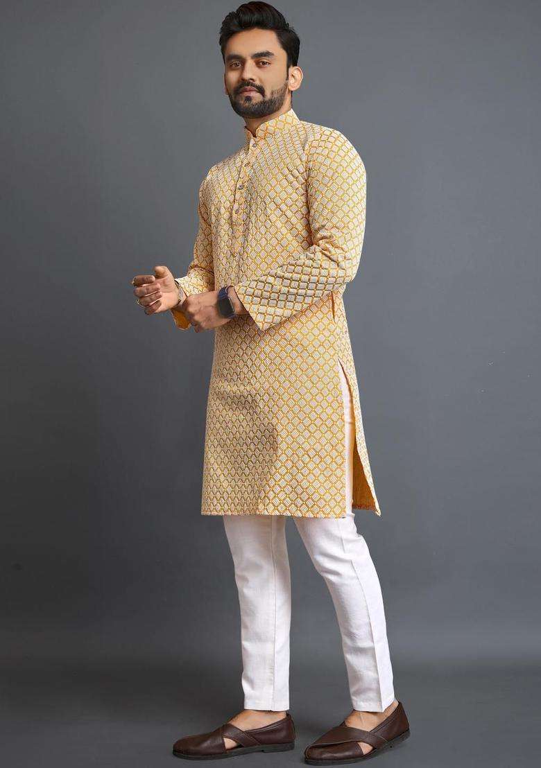 Yellow Printed Cotton Kurta Set For Men - Indya