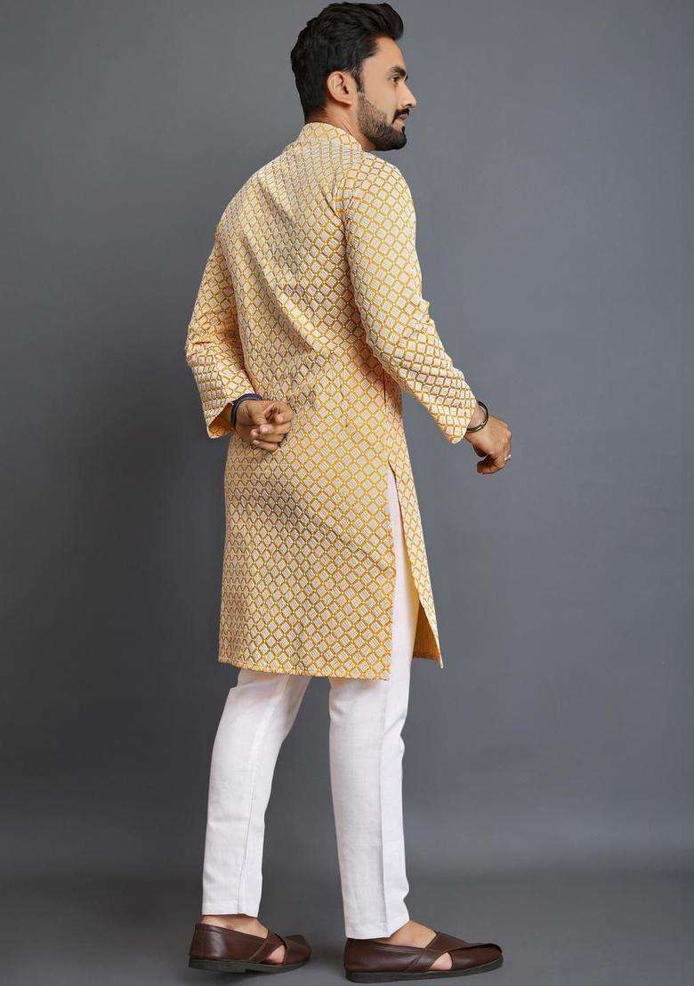 Yellow Printed Cotton Kurta Set For Men - Indya