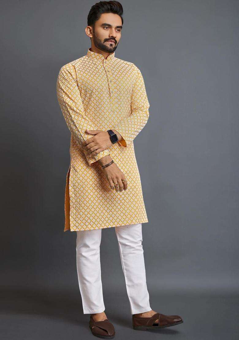 Yellow Printed Cotton Kurta Set For Men - Indya
