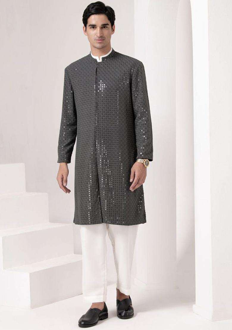Grey Embroidered Viscose Kurta Set For Men - Indya