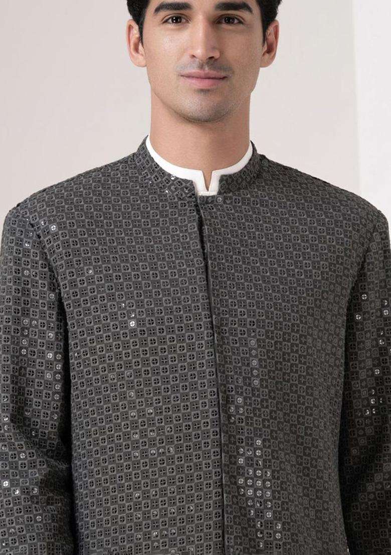 Grey Embroidered Viscose Kurta Set For Men - Indya