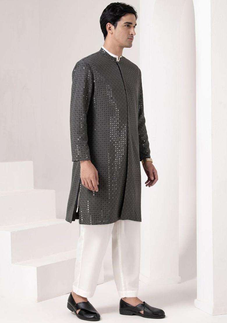 Grey Embroidered Viscose Kurta Set For Men - Indya