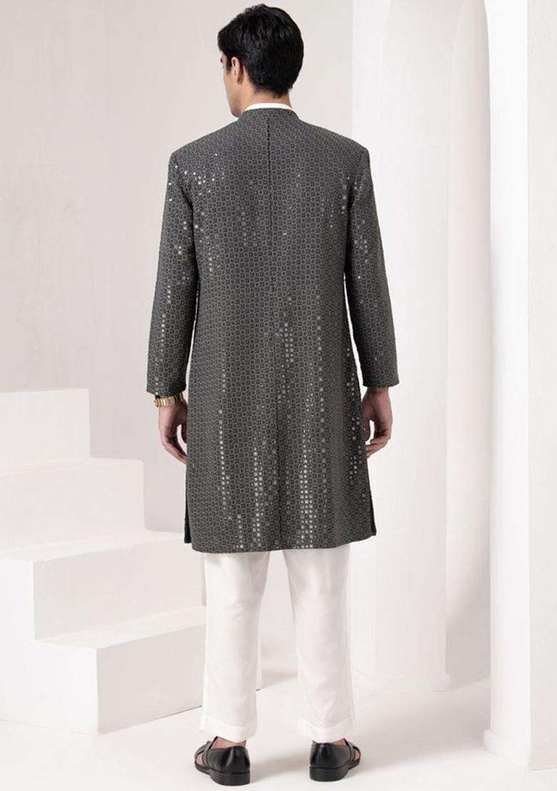 Grey Embroidered Viscose Kurta Set For Men - Indya