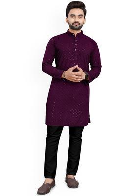 Purple Embroidered Viscose Kurta Set For Men