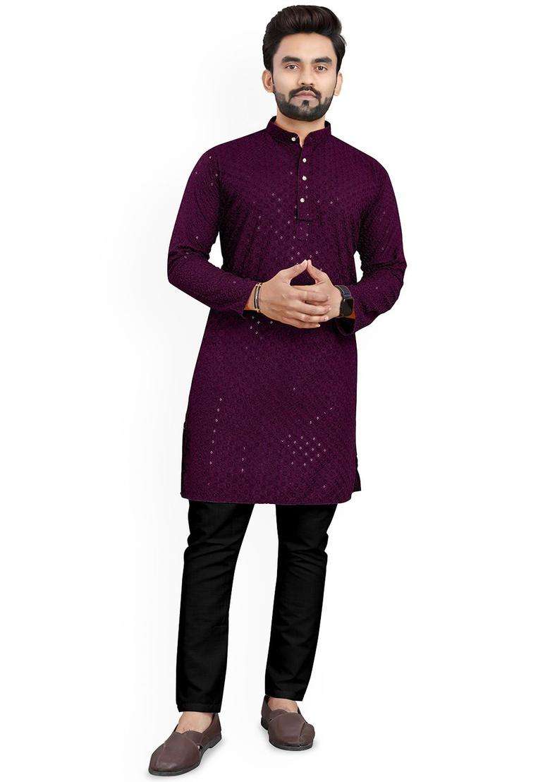 Purple Embroidered Viscose Kurta Set For Men - Indya