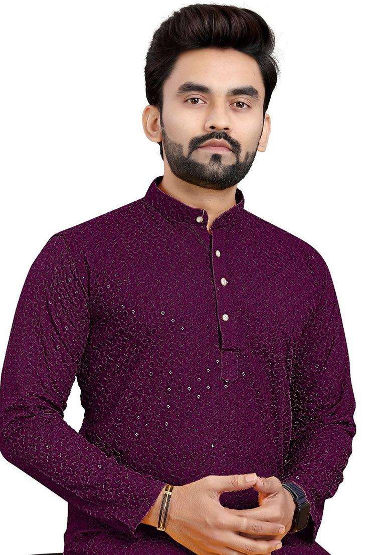Purple Embroidered Viscose Kurta Set For Men - Indya