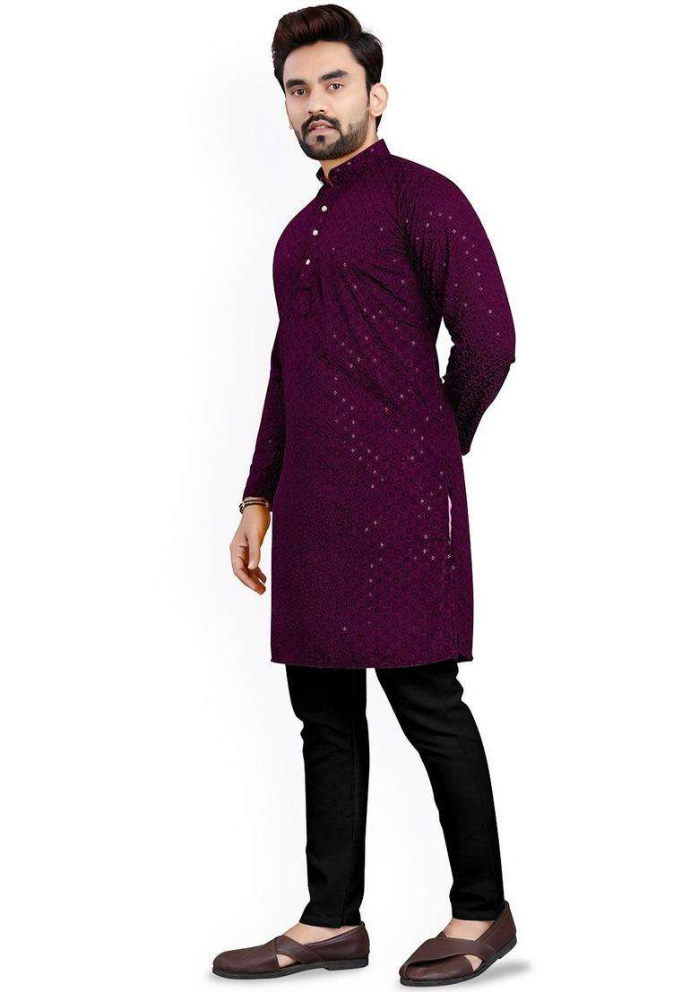Purple Embroidered Viscose Kurta Set For Men - Indya