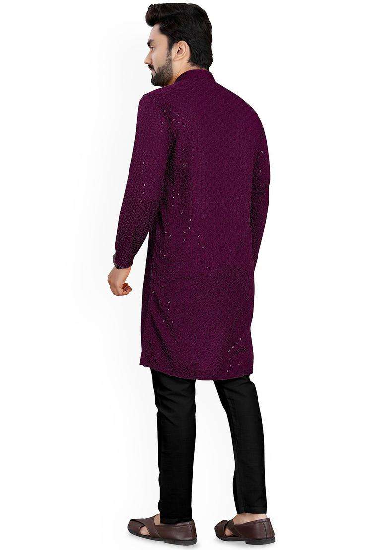 Purple Embroidered Viscose Kurta Set For Men - Indya