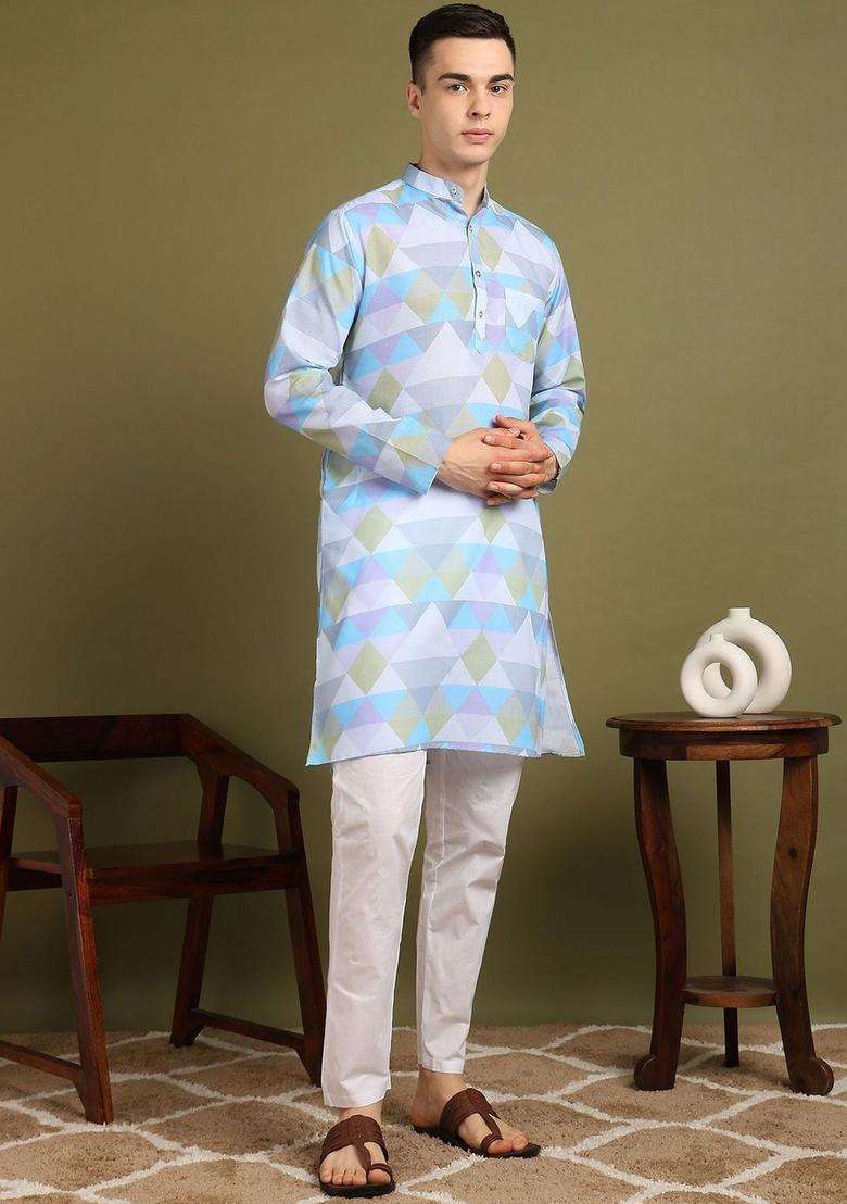 Multi Printed Cotton Kurta Set For Men - Indya