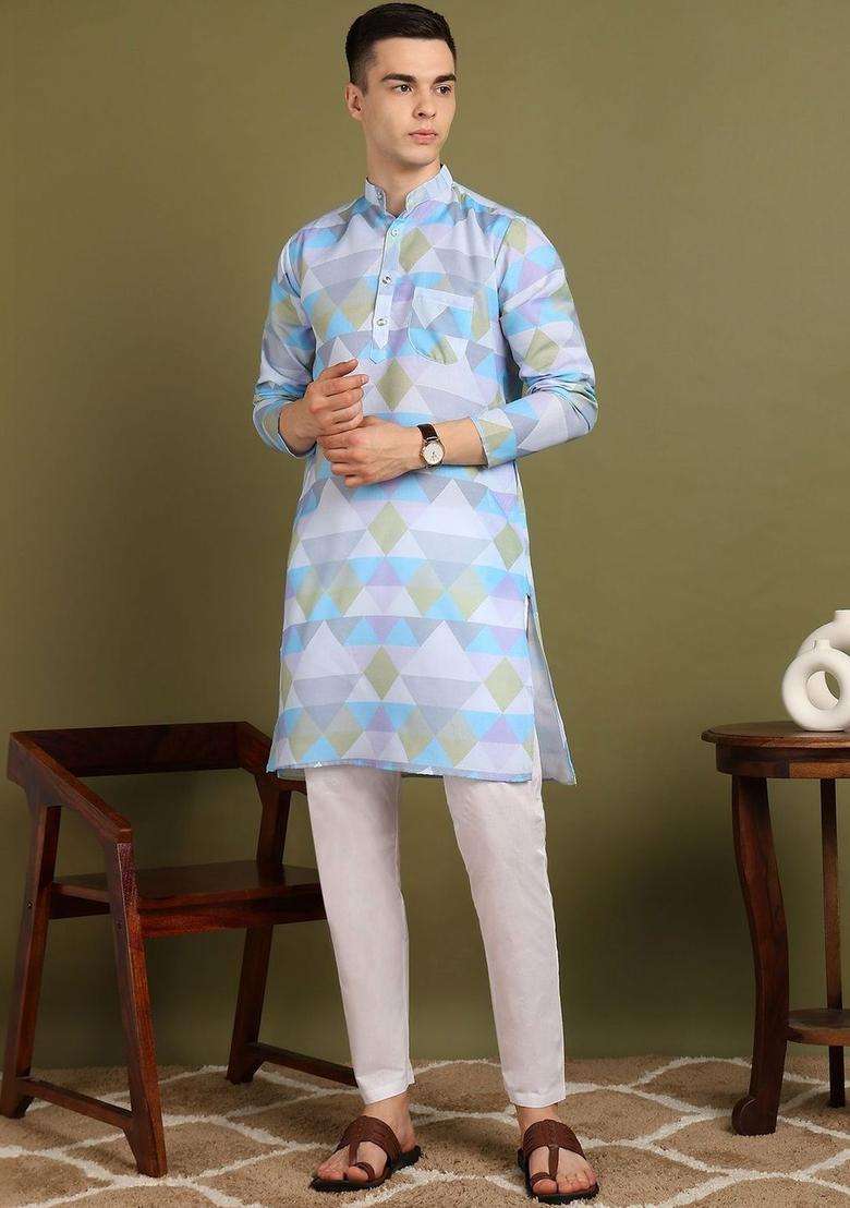 Multi Printed Cotton Kurta Set For Men - Indya