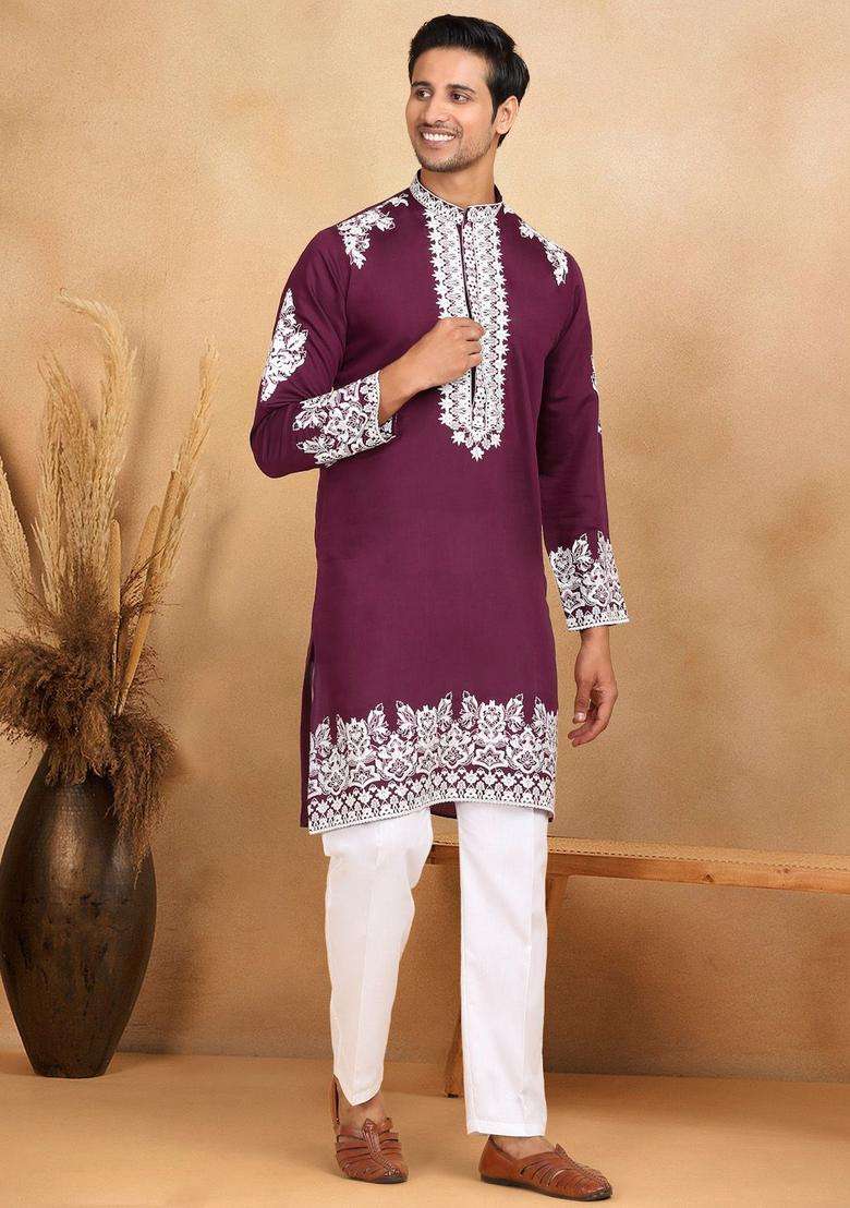 Purple Embroidered Silk Blend Kurta Set For Men - Indya
