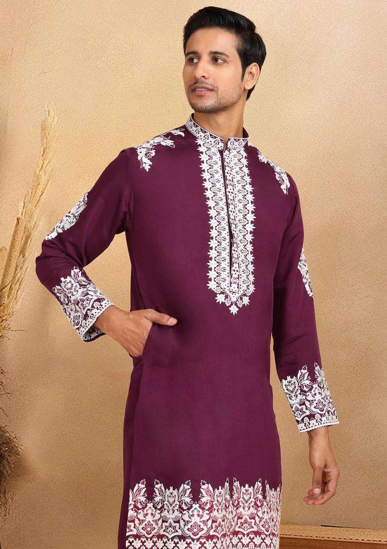 Purple Embroidered Silk Blend Kurta Set For Men - Indya