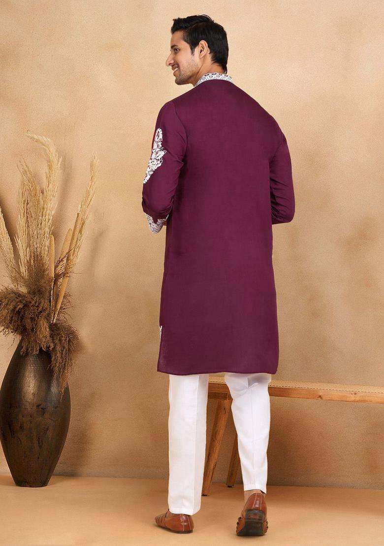 Purple Embroidered Silk Blend Kurta Set For Men - Indya