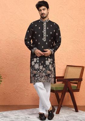 Black Embroidered Silk Kurta Set For Men