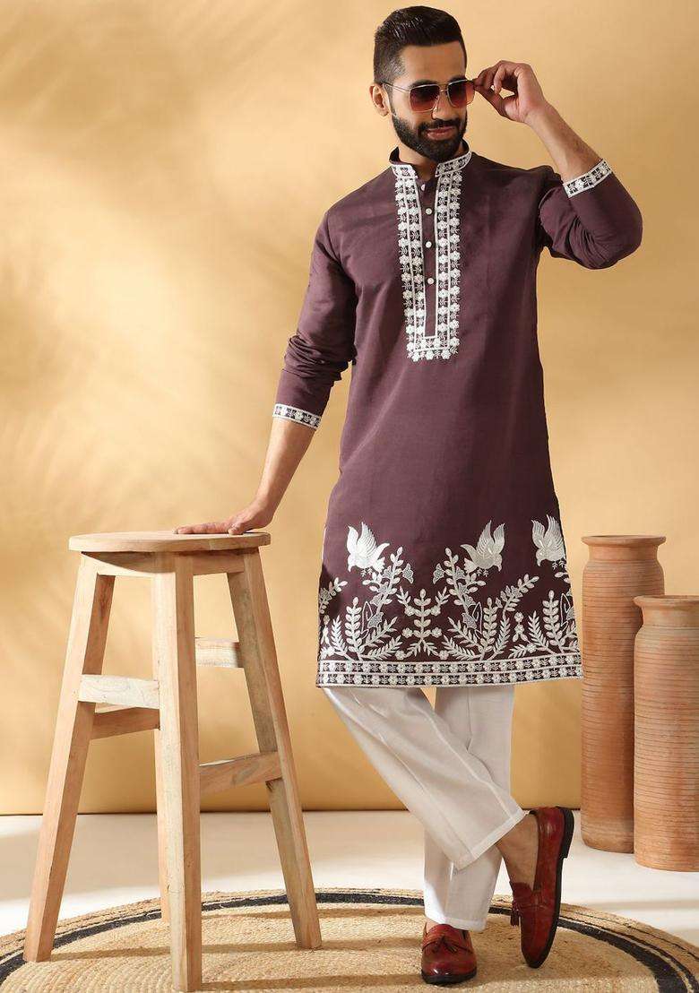 Purple Yoke Design Silk Blend Kurta Set For Men - Indya