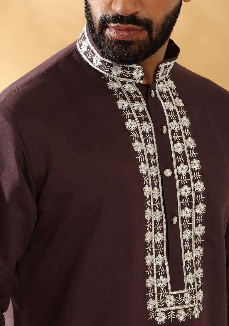 Purple Yoke Design Silk Blend Kurta Set For Men - Indya