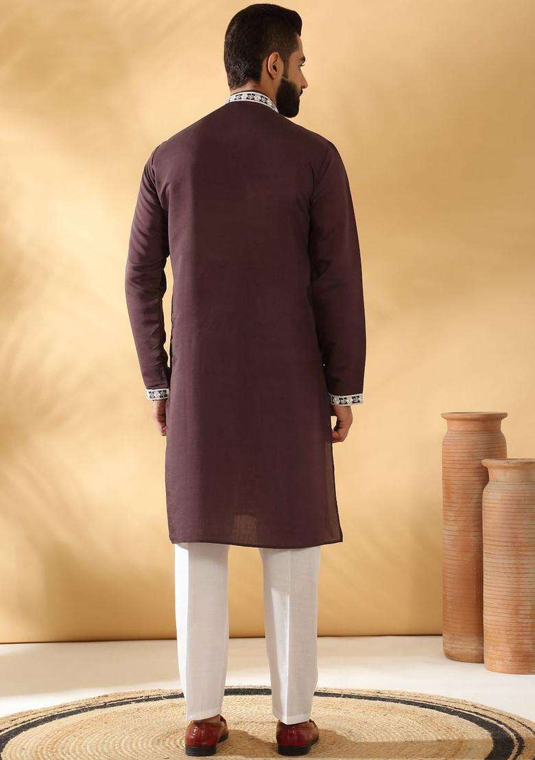Purple Yoke Design Silk Blend Kurta Set For Men - Indya