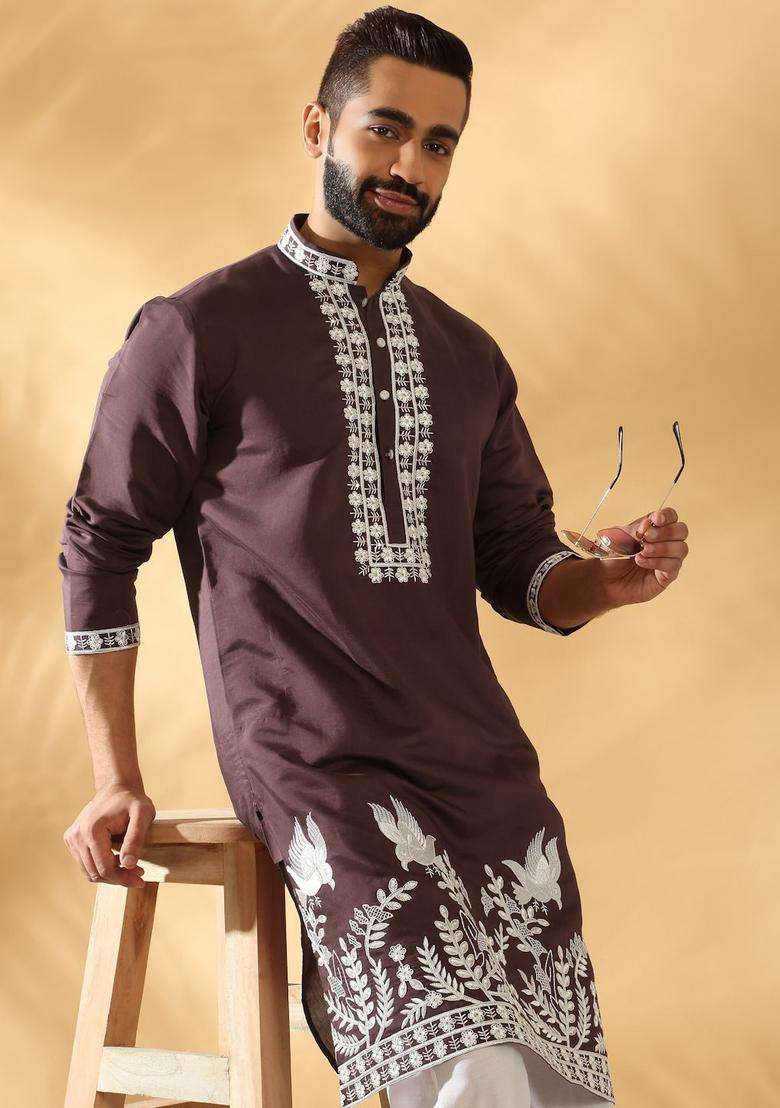 Purple Yoke Design Silk Blend Kurta Set For Men - Indya