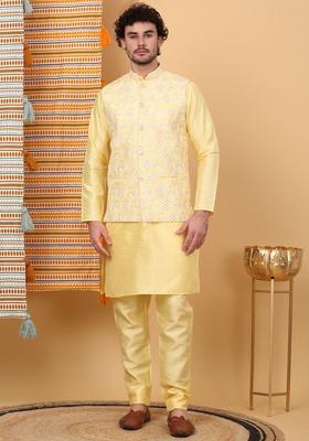 Yellow Solid Silk Kurta Set For Men