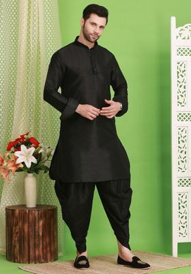 Black Solid Silk Kurta Set For Men