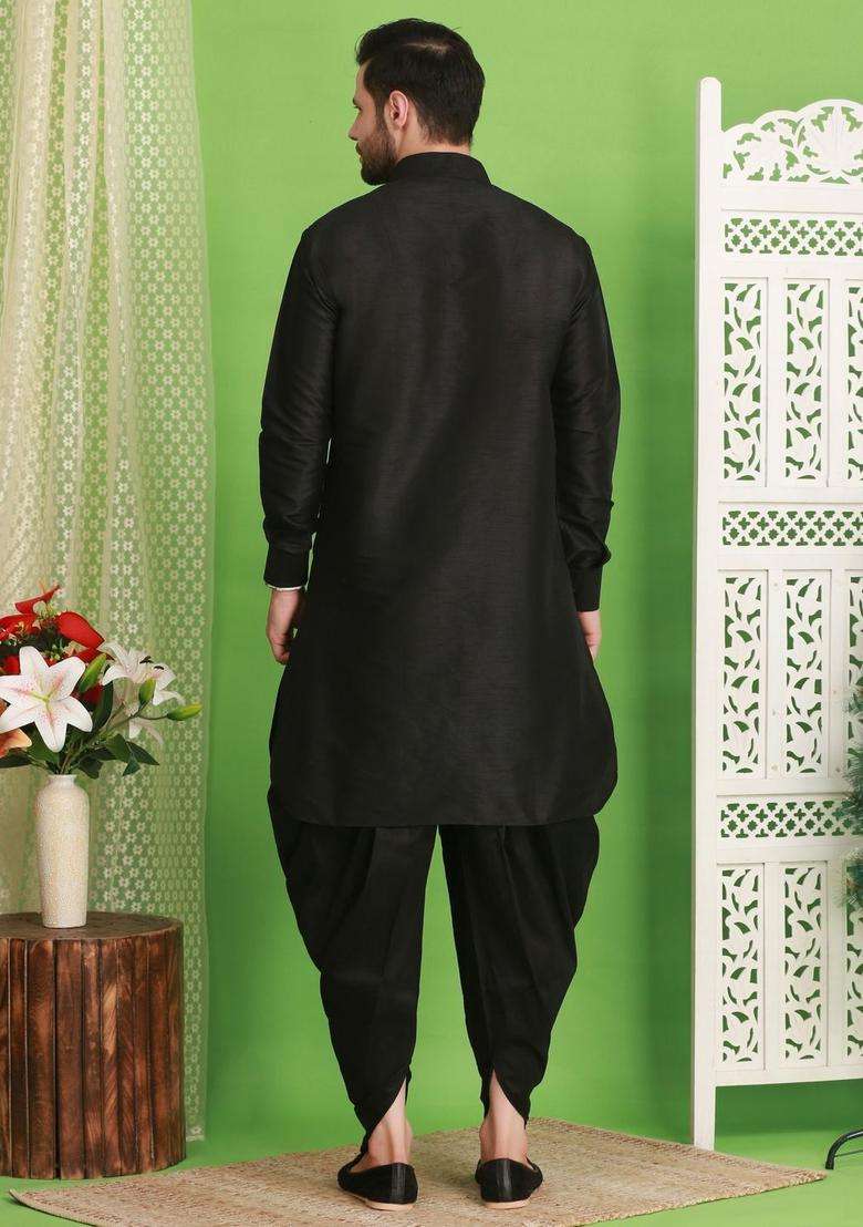 Black Solid Silk Blend Kurta Set For Men - Indya