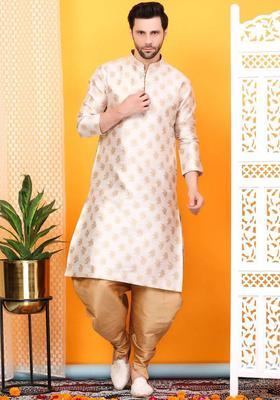 Cream Woven Design Silk Kurta Set For Men