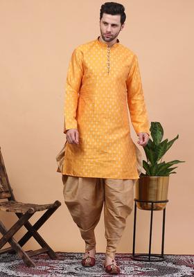 Yellow Woven Design Silk Kurta Set For Men