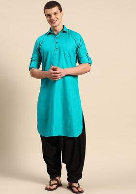 Blue Self Design Cotton Kurta Set For Men