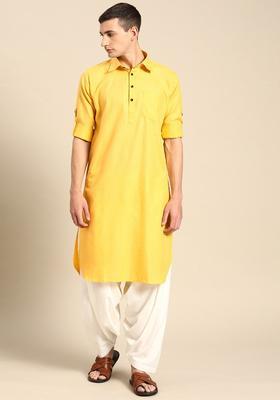 Yellow Solid Cotton Kurta Set For Men